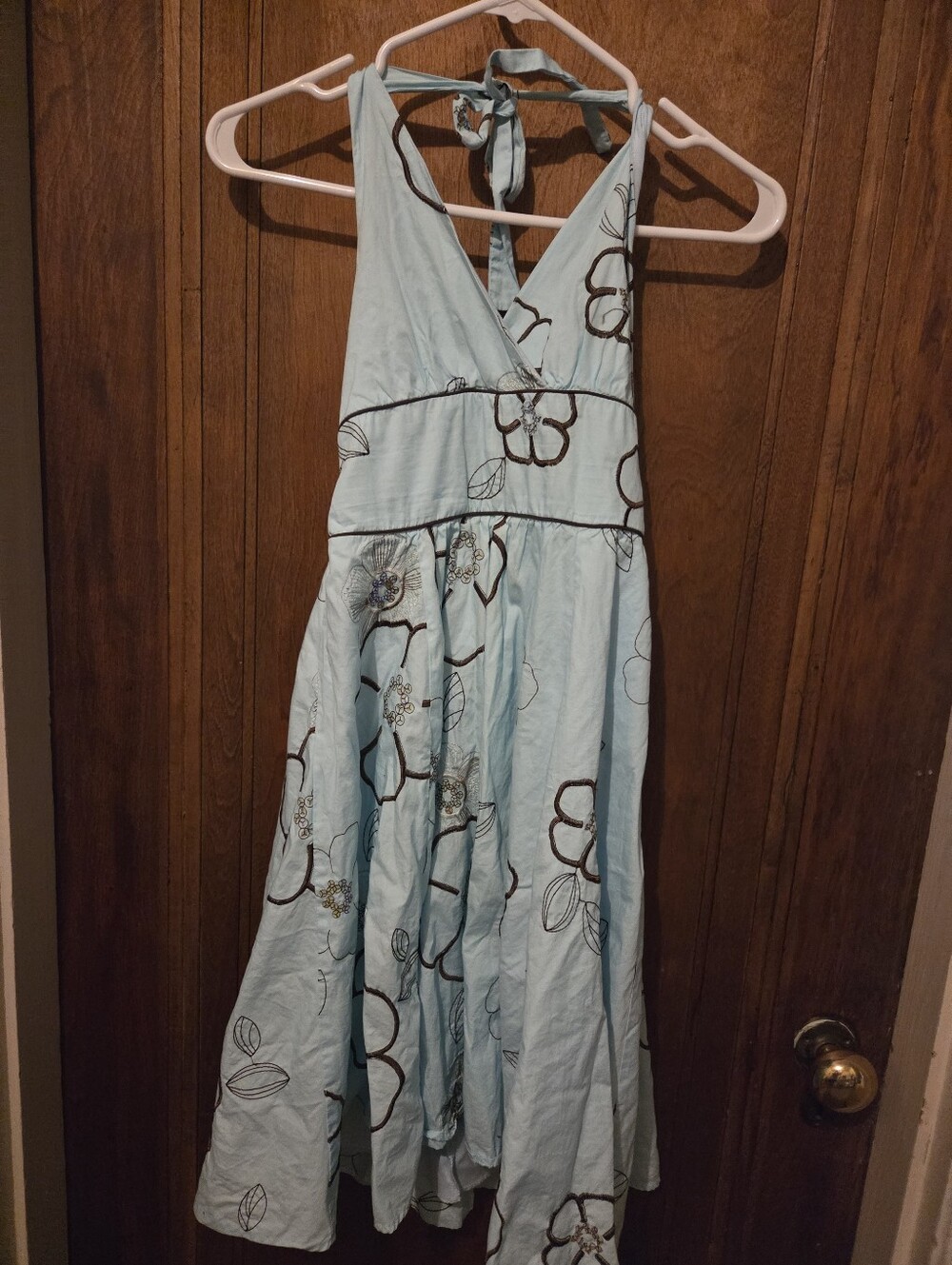 Light Blue Floral Halter Maxi Dress with Tie Neck